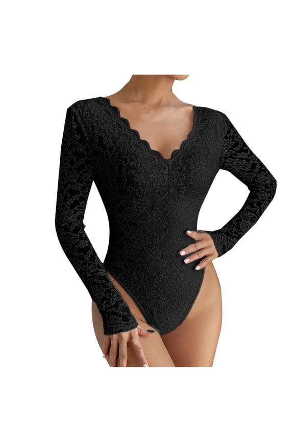 Bodysuits for Women Long Sleeve Lace Trim V Neck Leotards Bodysuit Slim Fit Thong Body Suit Black