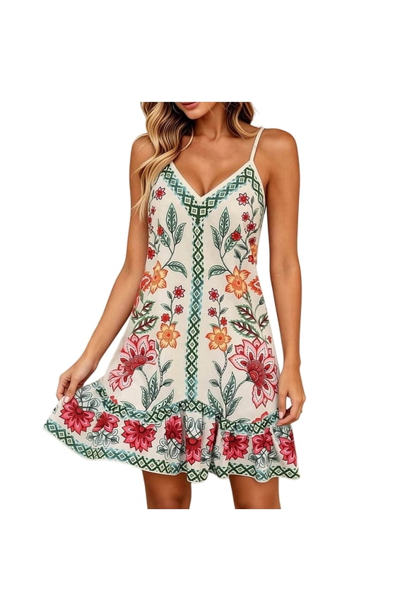 Bohemian Dresses for Women Floral Print Spaghetti Strap V Neck Adjustable Casual Summer Midi Dress White