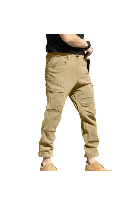 Cargo Pants for Men Workout Joggers Stretch Sweatpants Hiking Drawstring Pants with Multi Pockets Khaki