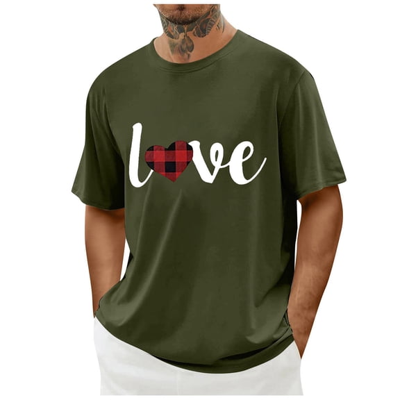 FAWUUDO Casual Mens Valentines Tee Short Sleeve Round Neck Simple Printed Top Romantic Graphic Holiday Gift for Boyfriend Olive Green 2XL