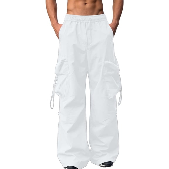 FAWUUDO Casual Pants for Men Elastic Waist Drawstring Loose Straight Wide Leg Pants with Hanging Rope Decoration Multi Pockets L White