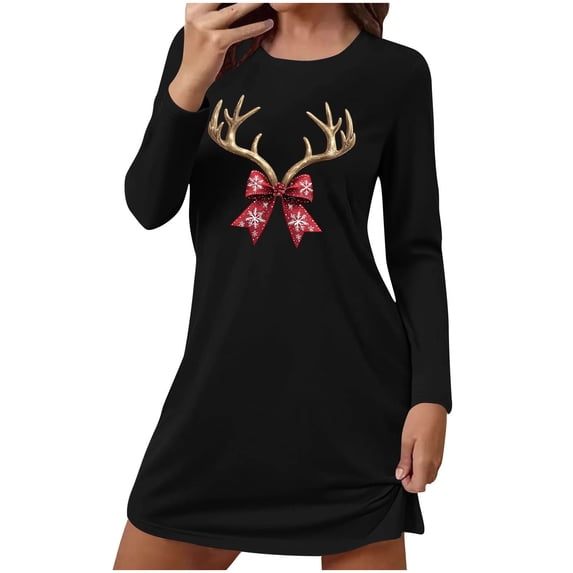 FAWUUDO Christmas Dresses for Women Cute Graphic Nightgown Loose Crewneck Nightshirts Long Sleeve T-Shirt Dress Sleepwear