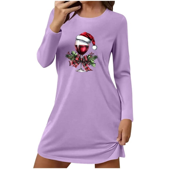 FAWUUDO Christmas Dresses for Women Cute Graphic Nightgown Loose Crewneck Nightshirts Long Sleeve T-Shirt Dress Sleepwear