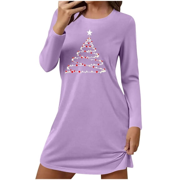 FAWUUDO Christmas Dresses for Women Cute Graphic Nightgown Loose Crewneck Nightshirts Long Sleeve T-Shirt Dress Sleepwear