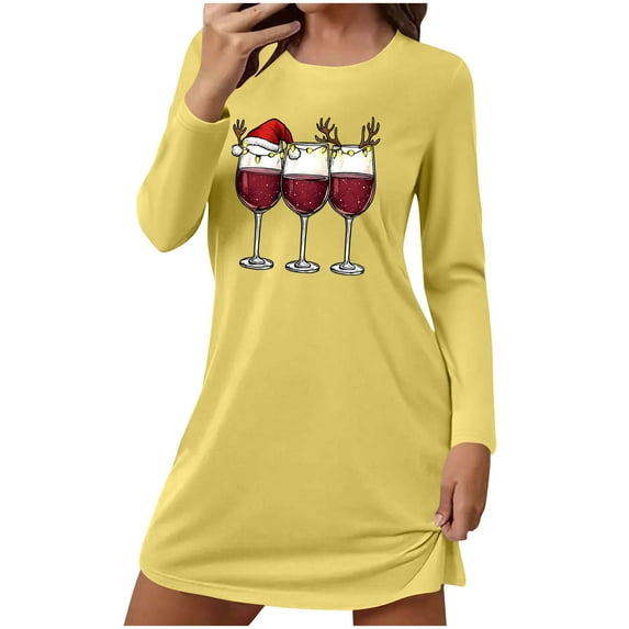 FAWUUDO Christmas Dresses for Women Cute Graphic Nightgown Loose Crewneck Nightshirts Long Sleeve T-Shirt Dress Sleepwear
