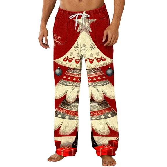 FAWUUDO Christmas Pajama Pants Unisex Couples Wide Leg Cute Print Lounge Pj Bottoms Pockets Casual Comfy Soft