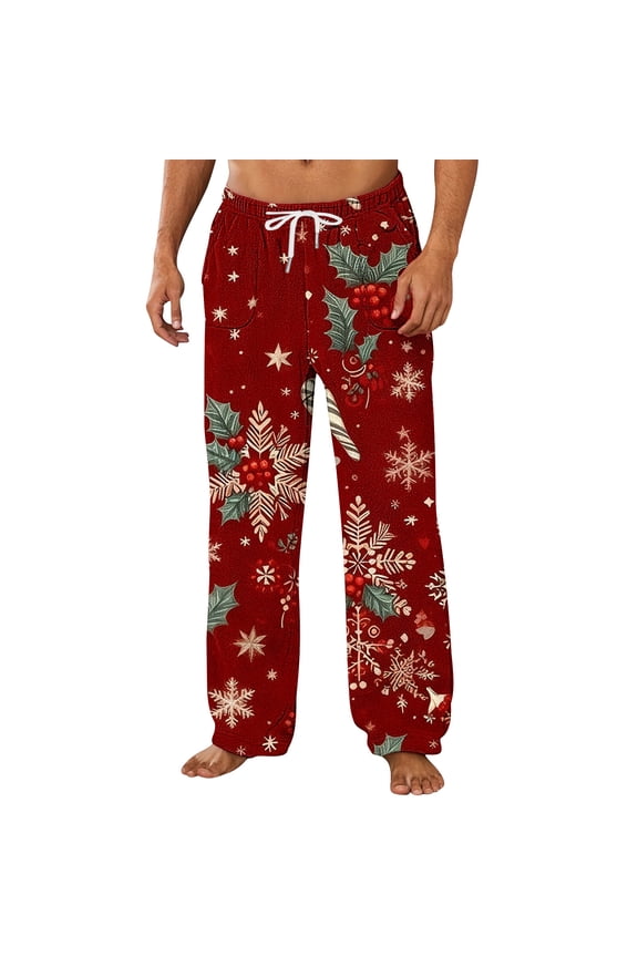 Christmas Pajama Pants Unisex Couples Wide Leg Cute Print Lounge Pj Bottoms Pockets Casual Comfy Soft