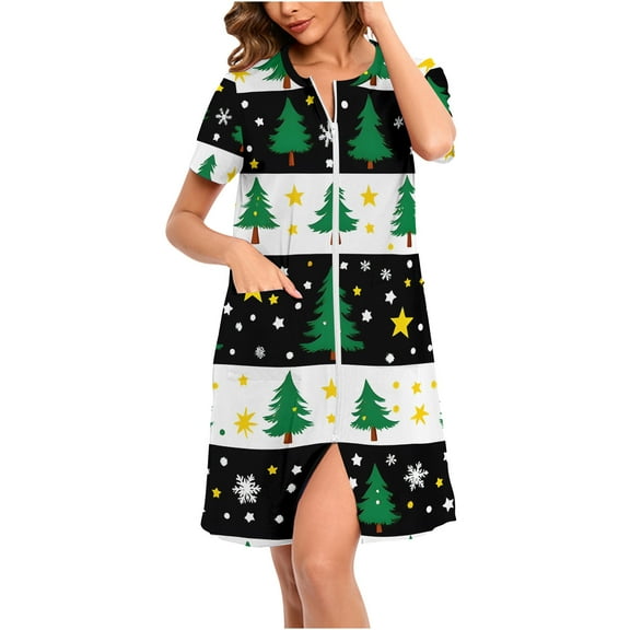 FAWUUDO Christmas Robes for Women Zipper Front House Coat Xmas Tree Bells Print Nightgown Loungewear with Pockets