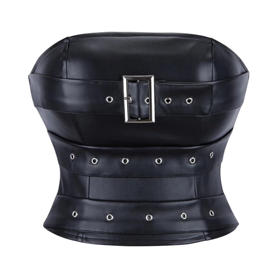 TEAJOPSUU Corsets for Women Faux Leather Zipper-Back Bustier Corset Top Short Steampunk Waist Trainer Body Shaper with Metal Belt B-Black