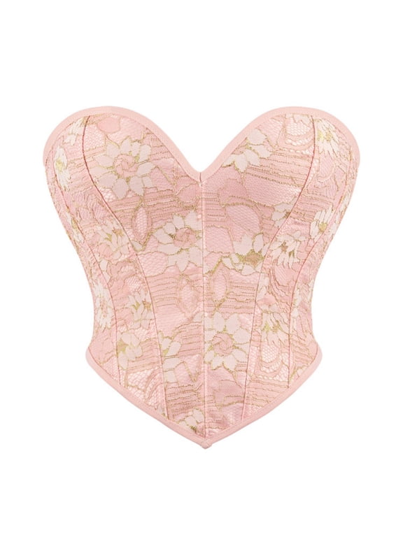 Floral Lace Corset Top for Women Embroidered Strapless Back Tie Bustier Waist Trainer Shapewear Going Out Party Club Top E-Pink