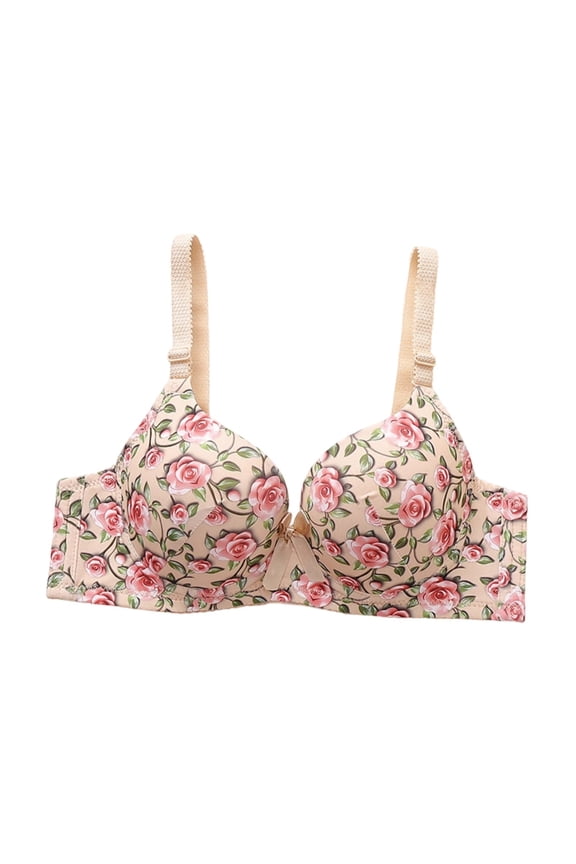 Flower Print Underwire Bra for Women Thin Breathable Push Up Adjustable Straps Solid Colors Natural Bust