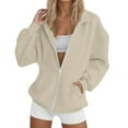 thumbnail image 1 of FAWUUDO Full Zip Up Sweatshirt Women No Hood Fall Winter Trendy Casual Loose Long Sleeve Workout Collared Jacket with Pockets Beige, 1 of 5