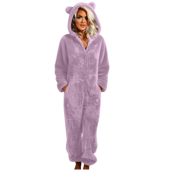 FAWUUDO Fuzzy Jumpsuit for Women Fleece Onesies Pajamas Warm Sherpa Romper Sleepwear One Piece Zip Hooded Playsuit Loungewear Purple