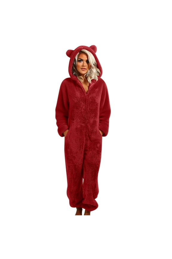 Fuzzy Jumpsuit for Women Fleece Onesies Pajamas Warm Sherpa Romper Sleepwear One Piece Zip Hooded Playsuit Loungewear Red