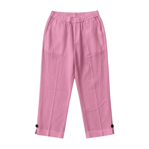 ROHUUQUE Girls Cotton Capri Pants Button Slit Hem Drawstring Elastic Waist Casual Solid Bottoms with Pockets 7/8