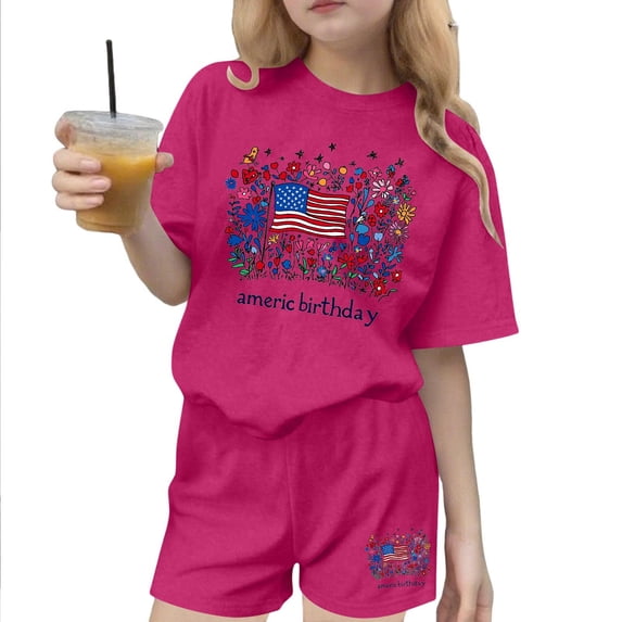 FAWUUDO Girls' T-Shirt & Shorts Two-Piece 4th of July Outfits Crew Neck Short Sleeve 3-15 Years Kids Summer Casual Patriotic Print Set Vacation