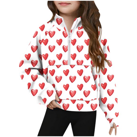 FAWUUDO Girls Valentines Themed Pullover Sweatshirt Half Zip Stand Collar Thumb Hole Cuffs Long Sleeve Big Kids Casual Wear Red 5-6 Years