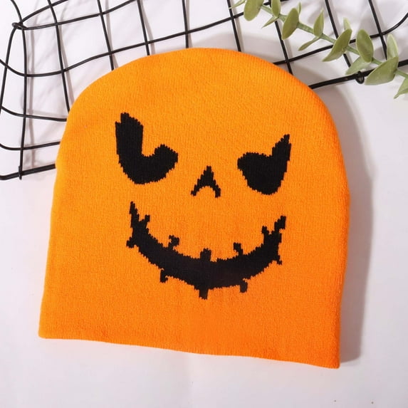FAWUUDO Halloween Beanie Hats Adults Pumpkin Face Knitted Cap Halloween Decoration Outdoor Warm and Comfortable Orange