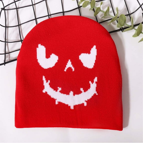 FAWUUDO Halloween Beanie Hats Adults Pumpkin Face Knitted Cap Halloween Decoration Outdoor Warm and Comfortable Red