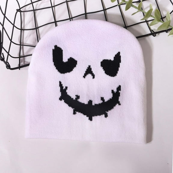 FAWUUDO Halloween Beanie Hats Adults Pumpkin Face Knitted Cap Halloween Decoration Outdoor Warm and Comfortable White