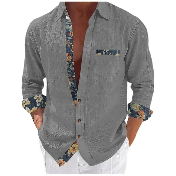 FAWUUDO Hawaiian Shirt for Men Button Down Long Sleeve Blouse Stretch V Neck Blouses Fall Beach Vacation Shirts Clothes with Pockets Gray
