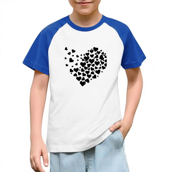 FAWUUDO Kids Boys Girls Valentines Day Print Raglan Sleeve Short Sleeve T Shirt Casual Graphic Tee Romantic Holiday Gift Top Blue 3-4 Years