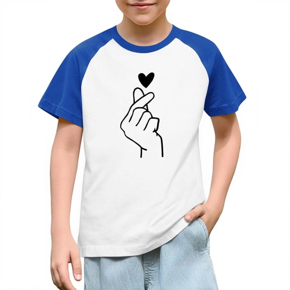 FAWUUDO Kids Valentines Day Graphic Tee Short Sleeve Raglan Sleeve T Shirt Casual Printed Boys Girls Holiday Gift Idea Blue 5-6 Years