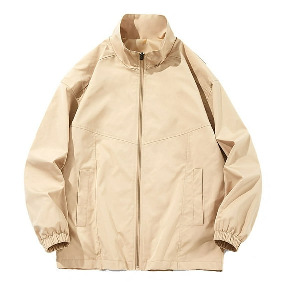 FAWUUDO Lightweight Jackets for Men with Pockets Zip Up Stand Collar Golf Jacket Lightweight Windbreaker Hiking Outwear Khaki