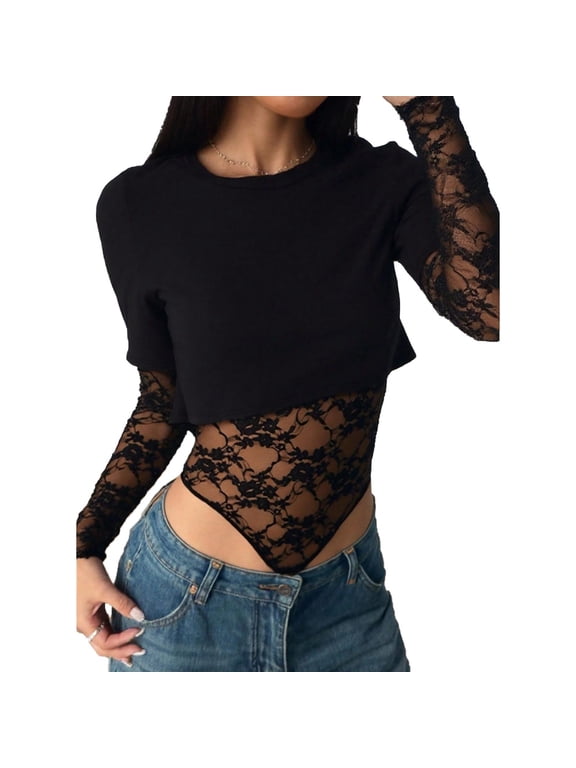 Long Sleeve Bodysuit for Women See Through Floral Lace Shapewear Mesh Sheer Tummy Control Butt Lift Thong Body Shaper Black