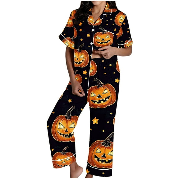 FAWUUDO Matching Pajamas for Womens Halloween Long Sleeve Sleepwear Men Soft Button Down Nightwear 2 Pcs Loungewear Black
