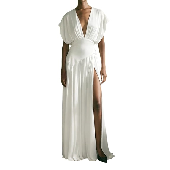 FAWUUDO Maxi Dresses for Women Deep V Neck High Waist A-Line Formal Wedding Guest Party Gown Sleeveless Long Dress White