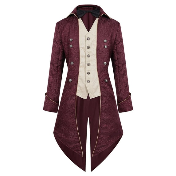 FAWUUDO Men Medieval Retro Coat Gothic Jacket Victorian Prom Stage Halloween Party Red