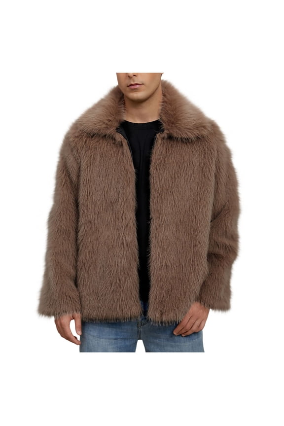 Men Mid Long Casual Faux Fur Mink Coat Single Breasted Business Jacket Winter Classic Fur Collar Outerwear Brown