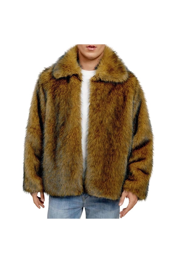 Men Mid Long Casual Faux Fur Mink Coat Single Breasted Business Jacket Winter Classic Fur Collar Outerwear Brown