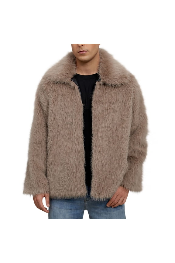 Men Mid Long Casual Faux Fur Mink Coat Single Breasted Business Jacket Winter Classic Fur Collar Outerwear Khaki