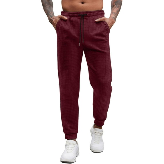 FAWUUDO Men Quick Dry Breathable Pants Stretch Elastic Waist Drawstring Active Hiking Trousers with Pockets Burgundy