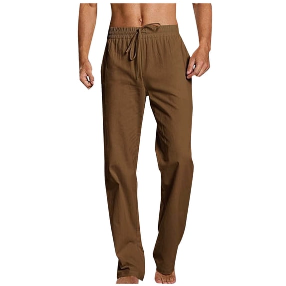 FAWUUDO Men's Breathable Linen Pants Elastic Drawstring Waist Loose Stretch Beach Vacation Pants S A-Brown