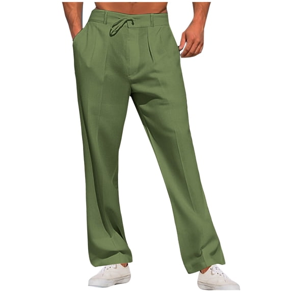 FAWUUDO Men's Breathable Linen Pants Elastic Drawstring Waist Loose Stretch Beach Vacation Pants S B-Green