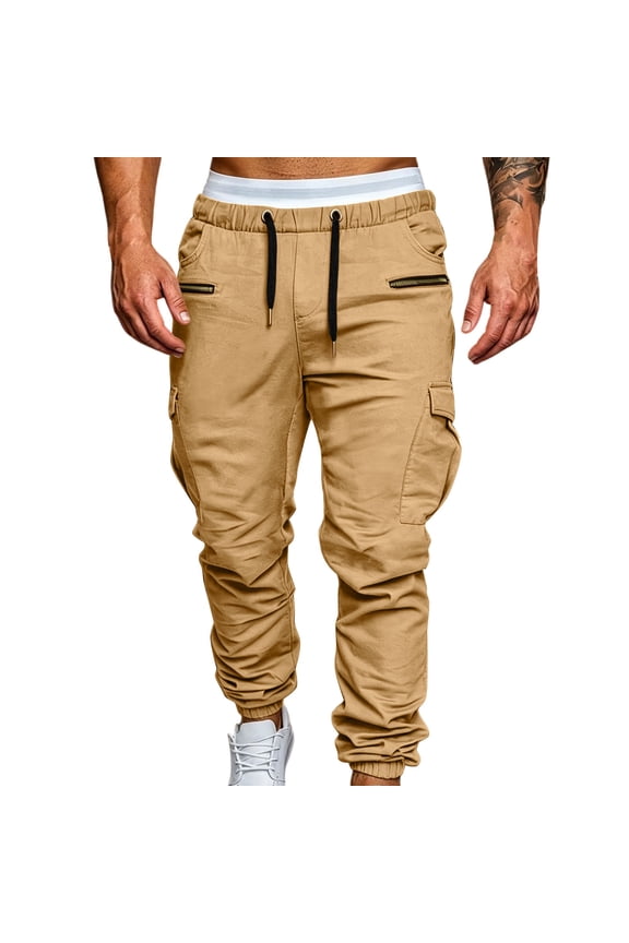 Men's Cargo Pants Elastic Waist Drawstring Slim Fit Straight Leg Tapered Pants with Multi Zipper Pockets M Khaki