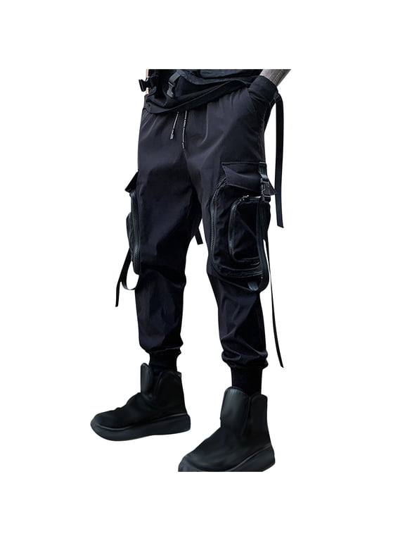 Men's Cargo Pants with Straps Drawstring Elastic Waist Multiple Pockets Tapered Cuffed Leg Streetwear L Black