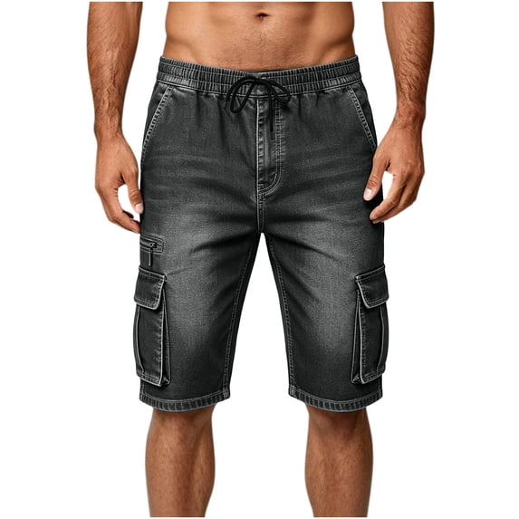 FAWUUDO Men's Cargo Shorts Elastic Waist Drawstring Casual Sports Straight Leg Denim Shortss 2XL Black