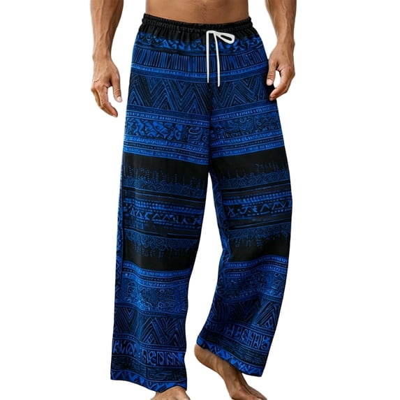 FAWUUDO Men's Casual Print Pants Elastic Waist Drawstring Ethnic Straight Wide Leg Pants XL M-Blue