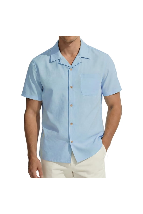 Men's Cotton Linen Shirts Breathable Stand Collar Short Sleeve Solid Open Front Button Up Casual Tops