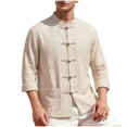 thumbnail image 1 of ROHUUQUE Men's Cotton Linen Shirts Stand Collar Long Sleeve Solid Frog Button Pocket Loose Casual Tops Daily Outdoor, 1 of 9
