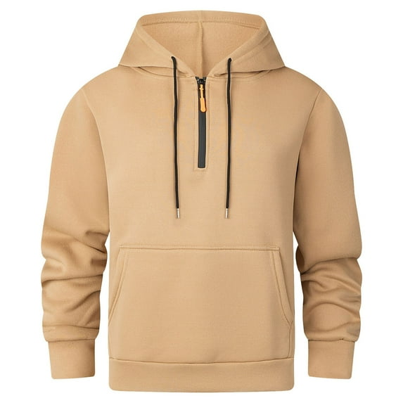 FAWUUDO Men's Cotton Pullover Hoodie - Drawstring Hood Long Sleeve Casual Sweatshirt Khaki