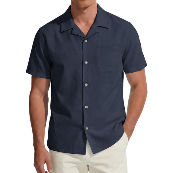ROHUUQUE Men's Cotton Shirts Breathable Stand Collar Short Sleeve Solid Open Front Button Up Casual Tops