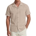 thumbnail image 1 of ROHUUQUE Men's Cotton Shirts Breathable Stand Collar Short Sleeve Solid Open Front Button Up Casual Tops, 1 of 7