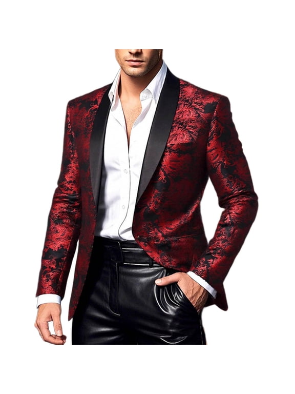 Men's Dress Floral Suit Notched Lapel Pimp Blazer Dress Suit Vintage Gold Black Elegant Tuxedo Mardi Gras Carnival Red