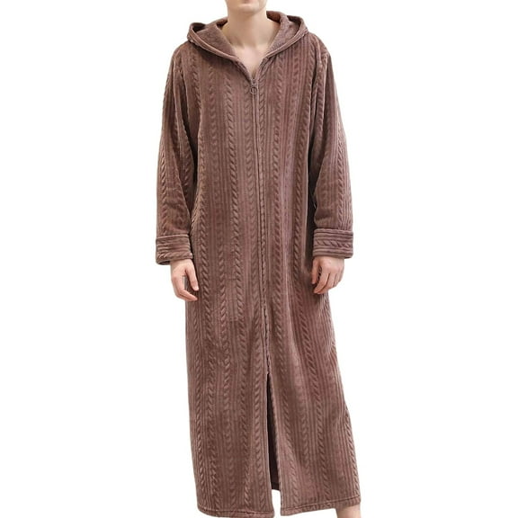 FAWUUDO Men's Flannel Zip Bathrobes Soft Warm Long Fleece Plush Robe Housecoats Nightgown Sleepwear