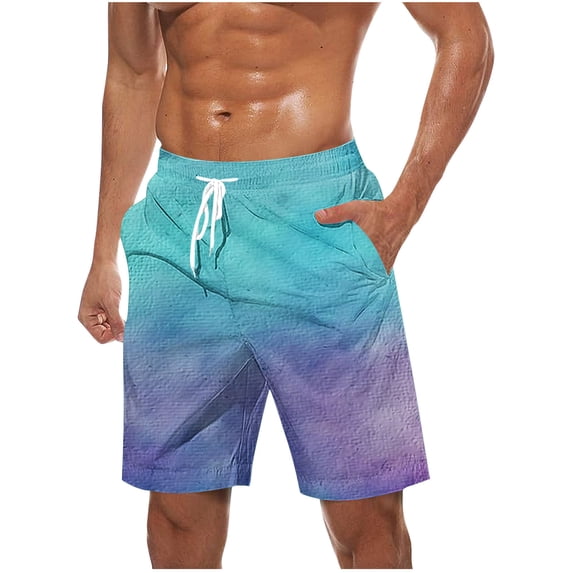 FAWUUDO Men's Gradient Print Elastic Waist Drawstring Beach Shorts with Pockets Casual Summer XL Green
